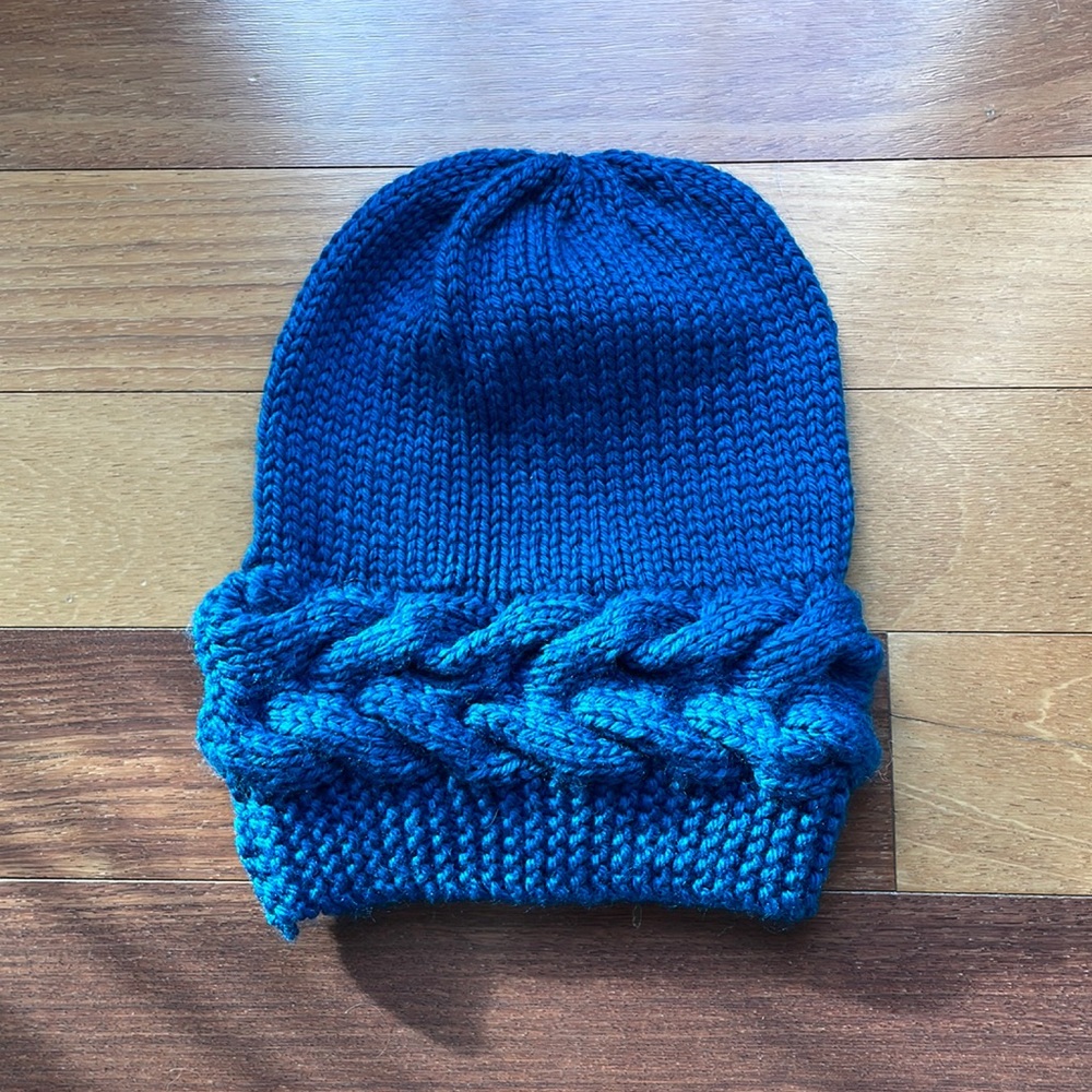 Handknit Hat/Beanie with Large Cable Brim, Warm Blue